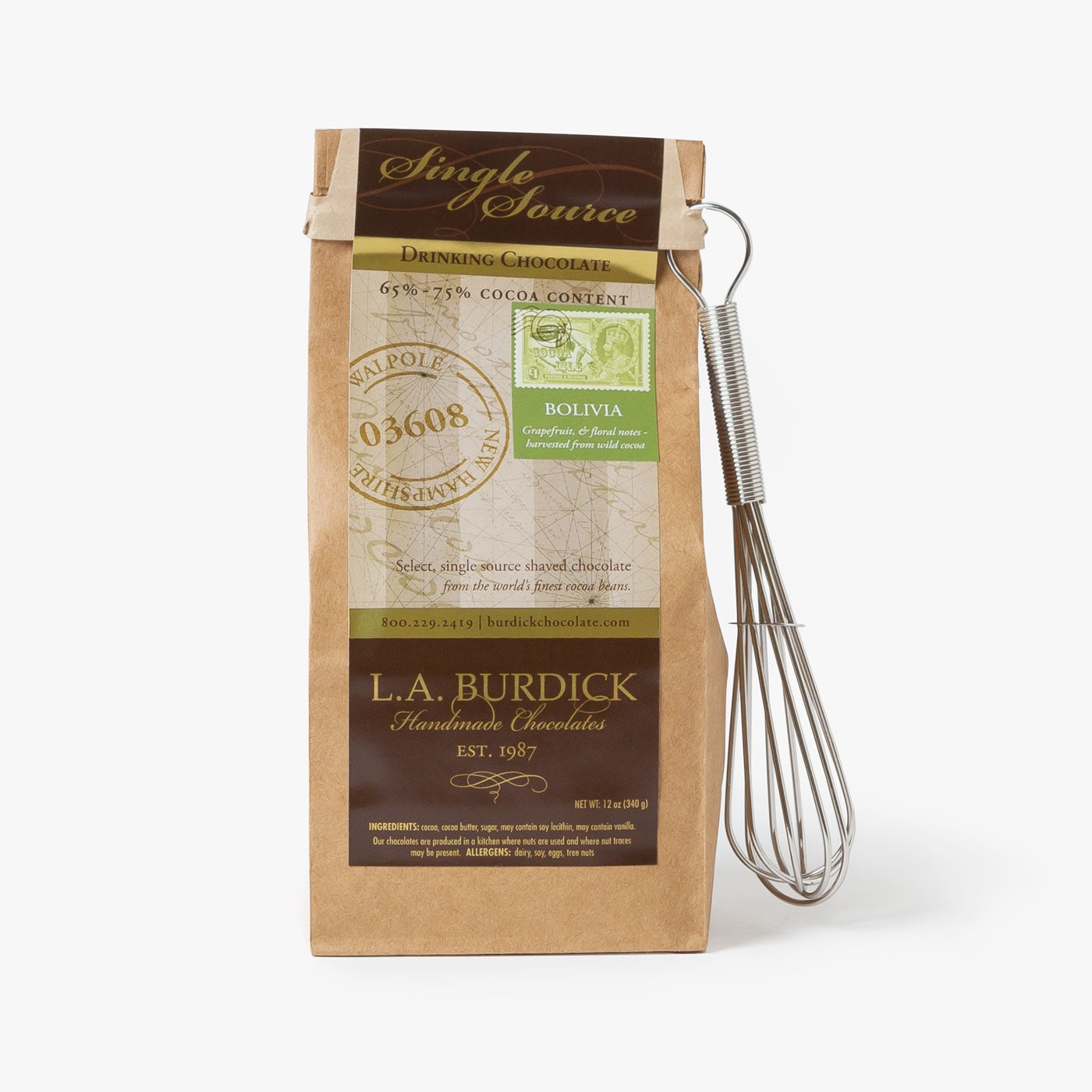 Hot chocolate mix, packaged with whisk attached